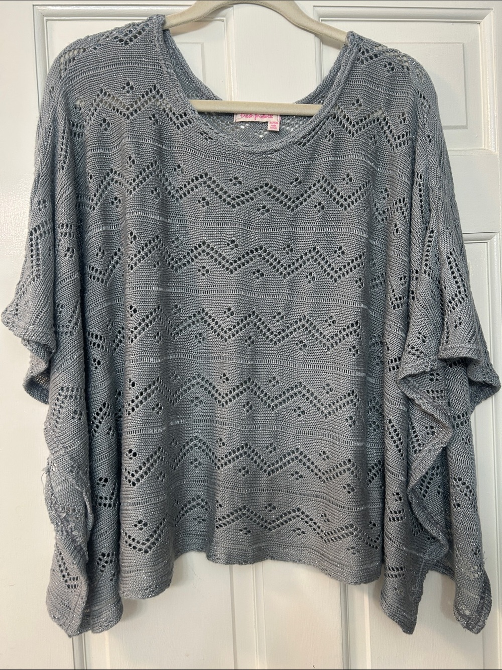 fresh produce Light Gray, shimmery Openwork Knit Poncho Sweater